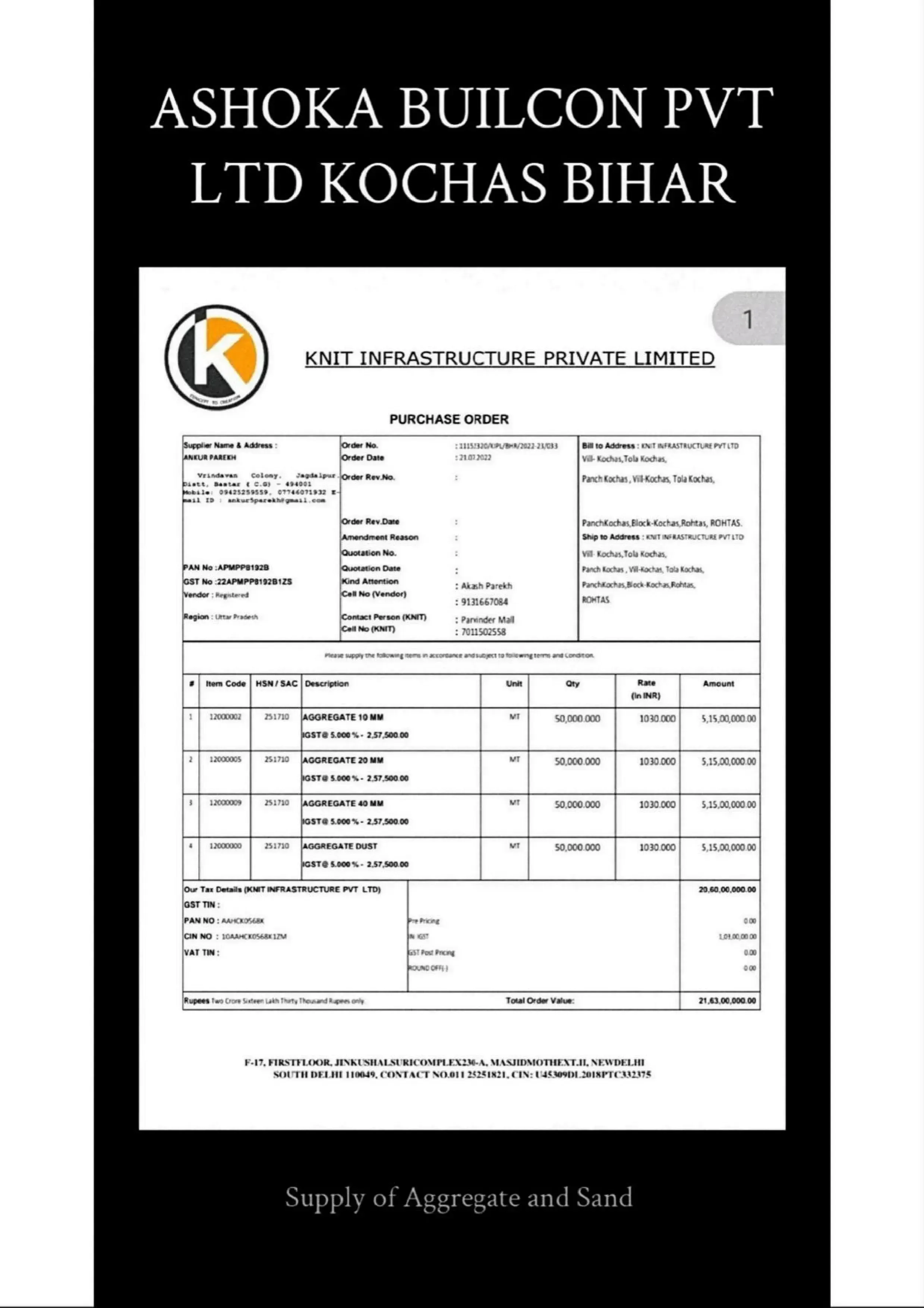 Work order for Kochas Bihar Highway