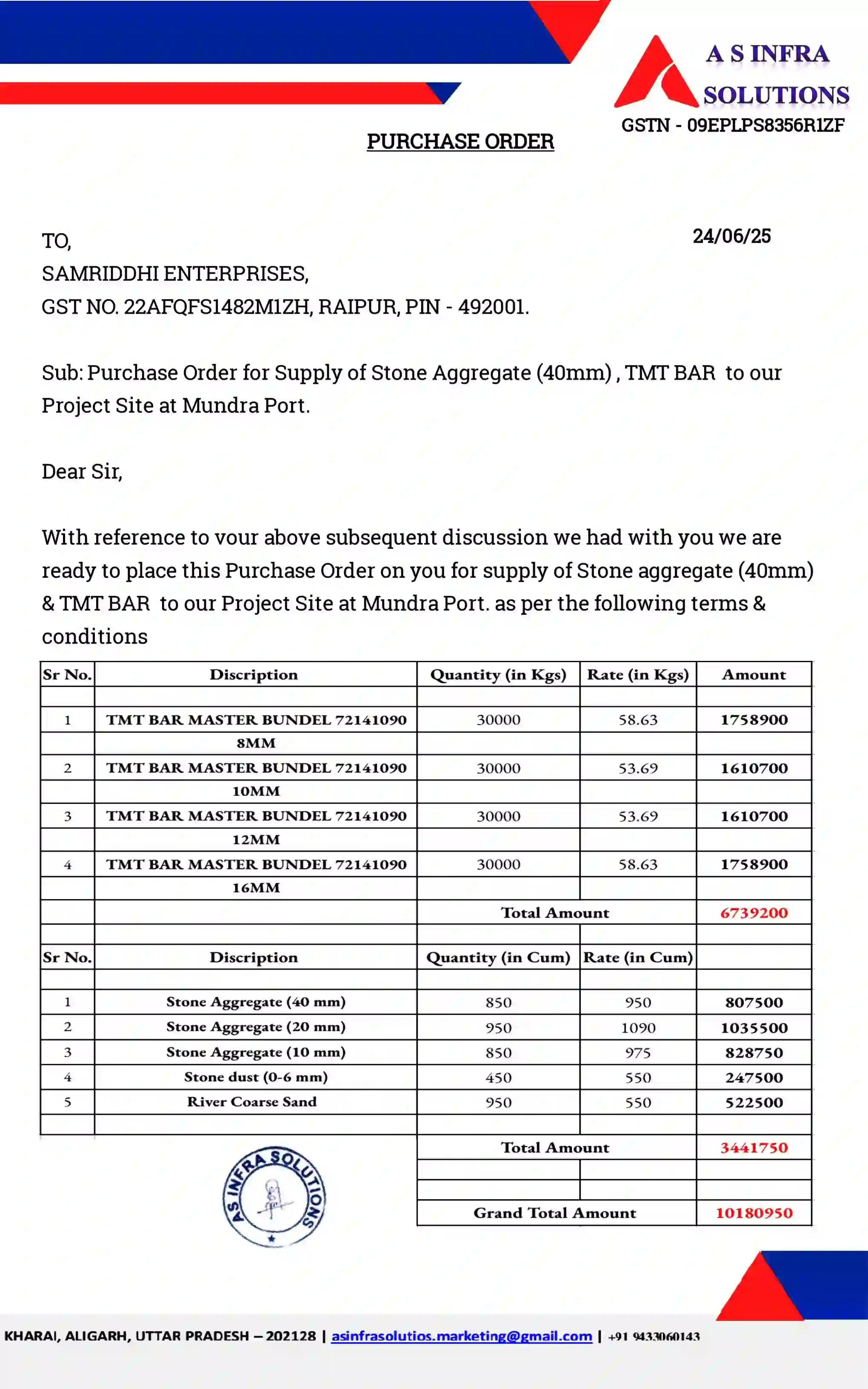 Work order for Mundra Port Material Supply