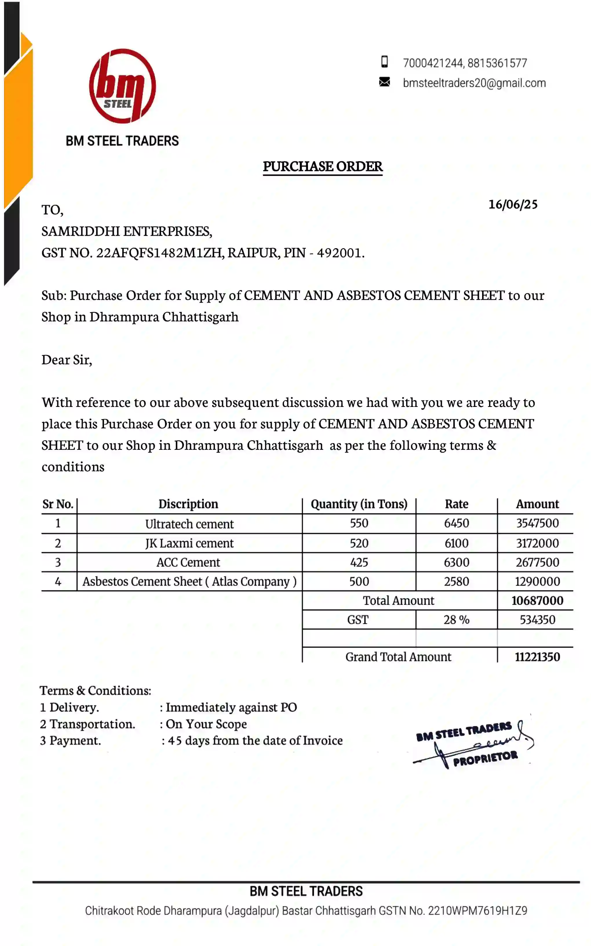 Work order for TMT Bar & Cement Supply