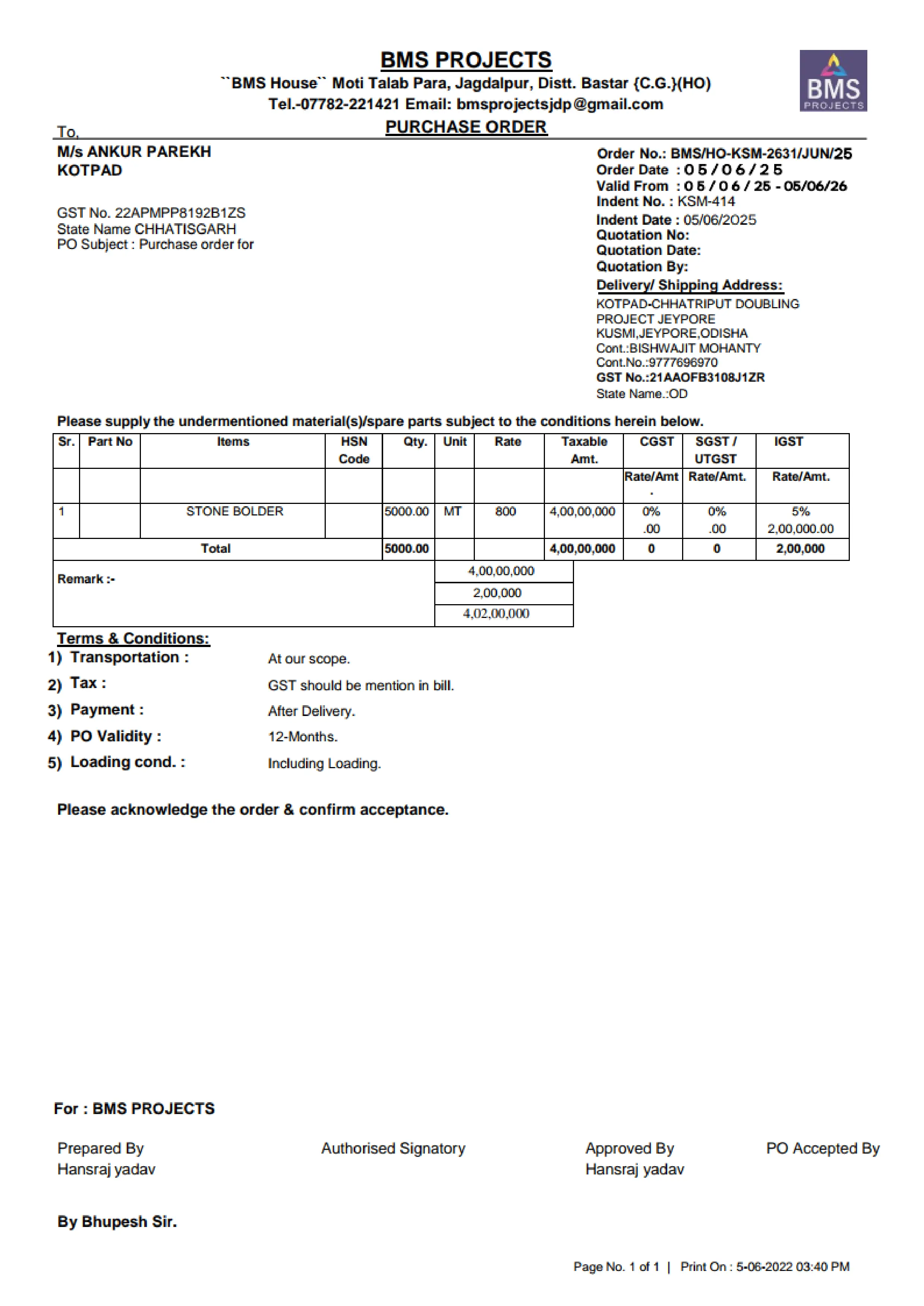 Work order for Kotpad-Chatriput Railway Doubling