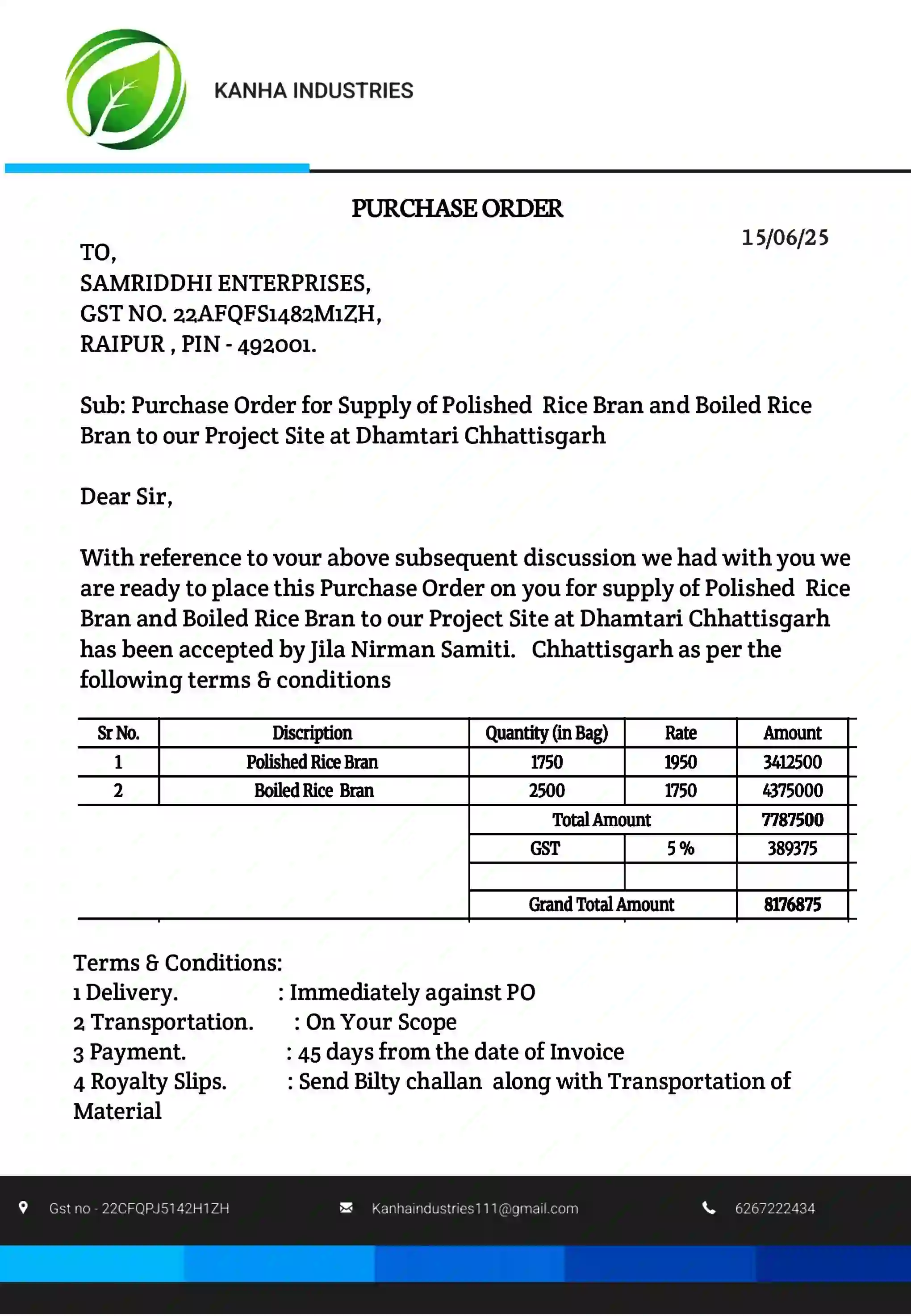 Work order for Rice Bran Supply Contract