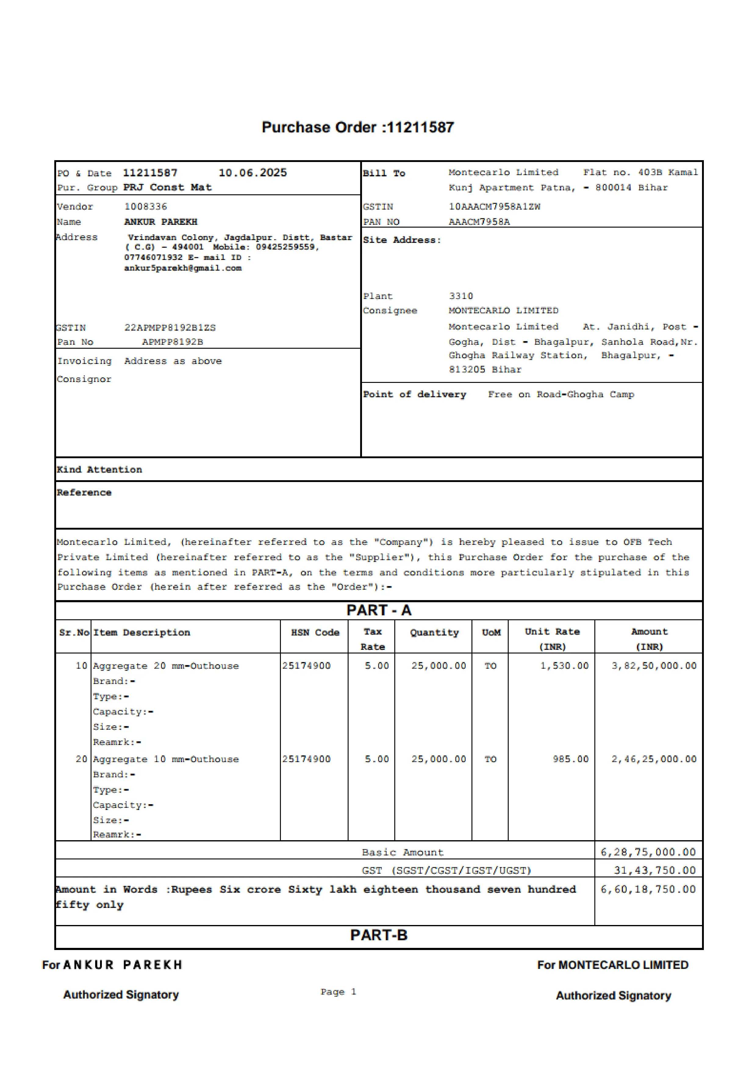 Work order for Bhagalpur Project