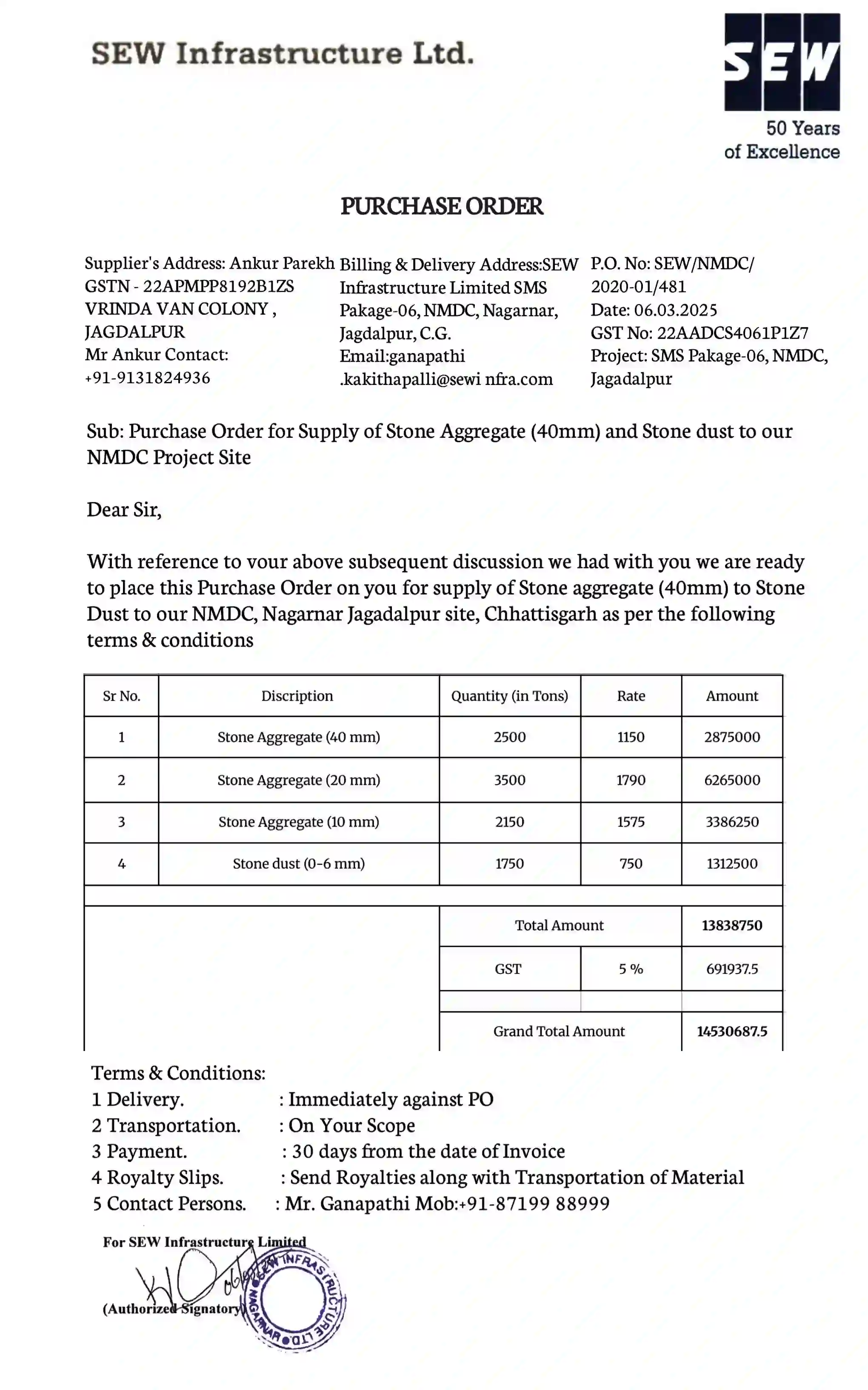 Work order for NMDC Project Material Supply