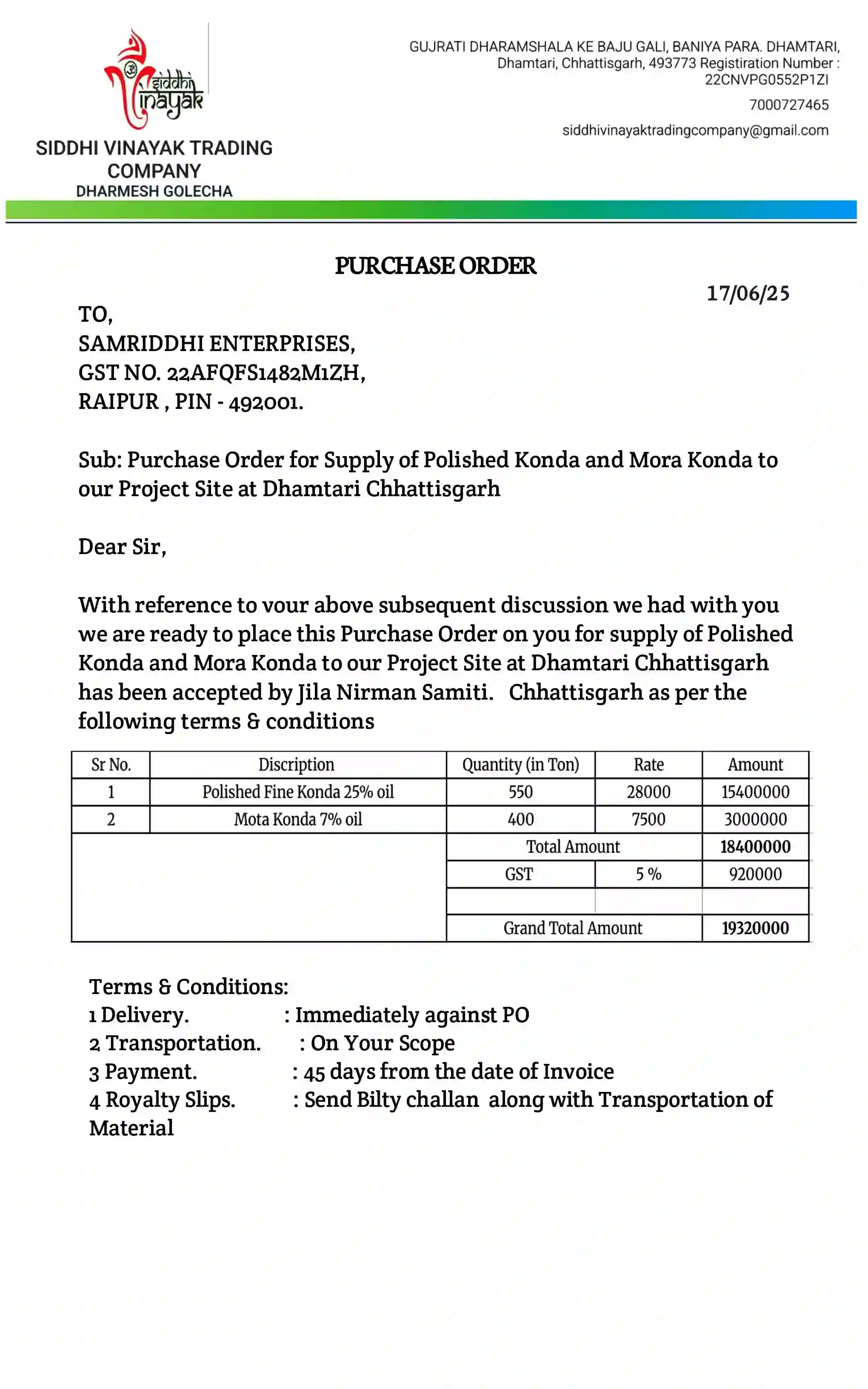Work order for Konda Supply Contract